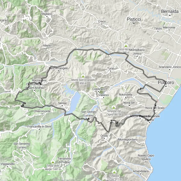 Miniatura della mappa di ispirazione al ciclismo "Giro Ciclistico Rocca Imperiale Senise" nella regione di Basilicata, Italy. Generata da Tarmacs.app, pianificatore di rotte ciclistiche