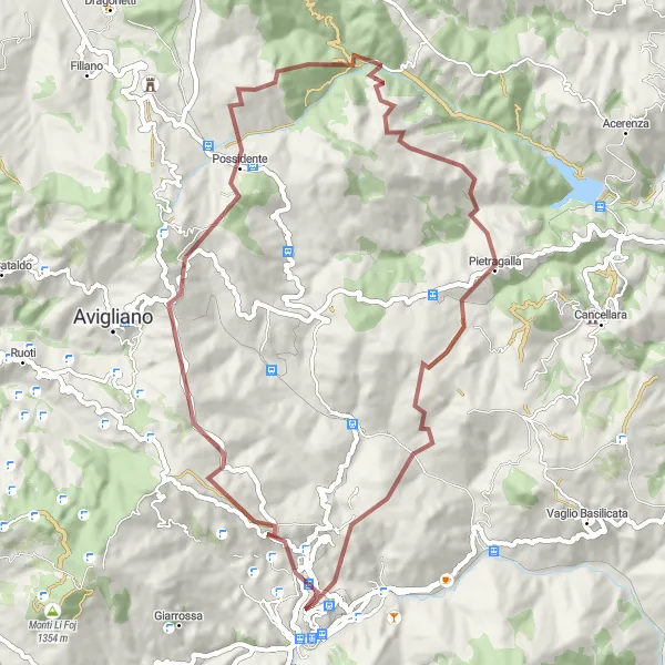 Miniatura della mappa di ispirazione al ciclismo "Giro Gravel della Val d'Agri" nella regione di Basilicata, Italy. Generata da Tarmacs.app, pianificatore di rotte ciclistiche