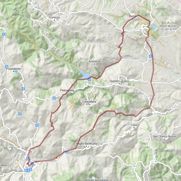 Miniatura della mappa di ispirazione al ciclismo "Circuito Gravel tra Pietragalla e Banzi" nella regione di Basilicata, Italy. Generata da Tarmacs.app, pianificatore di rotte ciclistiche