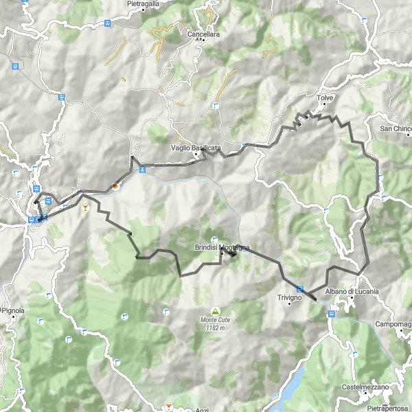 Miniatura della mappa di ispirazione al ciclismo "Giro in bici da Potenza" nella regione di Basilicata, Italy. Generata da Tarmacs.app, pianificatore di rotte ciclistiche