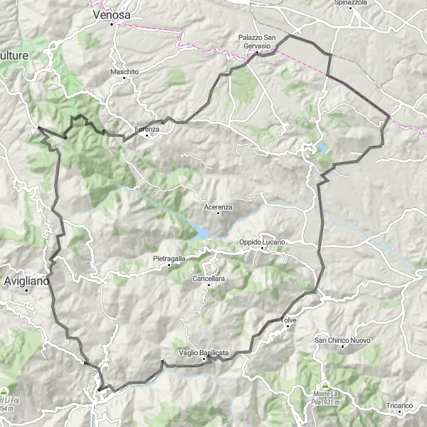 Map miniature of "Basilicata Challenge: Conquering Mountains and Towers" cycling inspiration in Basilicata, Italy. Generated by Tarmacs.app cycling route planner