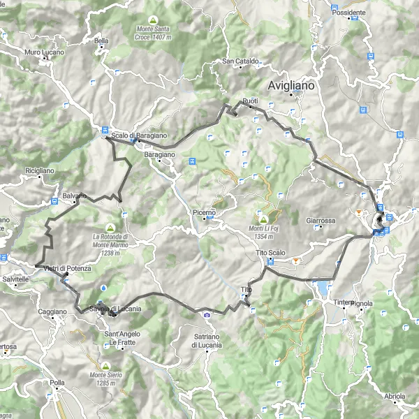 Miniatura della mappa di ispirazione al ciclismo "Giro in bicicletta da Potenza" nella regione di Basilicata, Italy. Generata da Tarmacs.app, pianificatore di rotte ciclistiche