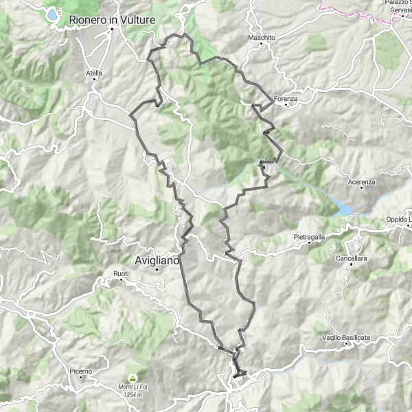 Miniatura della mappa di ispirazione al ciclismo "Circuito Stradale tra Ripacandida e Potenza" nella regione di Basilicata, Italy. Generata da Tarmacs.app, pianificatore di rotte ciclistiche