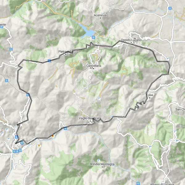 Miniatura della mappa di ispirazione al ciclismo "Giro in bicicletta tra Potenza e Vaglio Basilicata" nella regione di Basilicata, Italy. Generata da Tarmacs.app, pianificatore di rotte ciclistiche