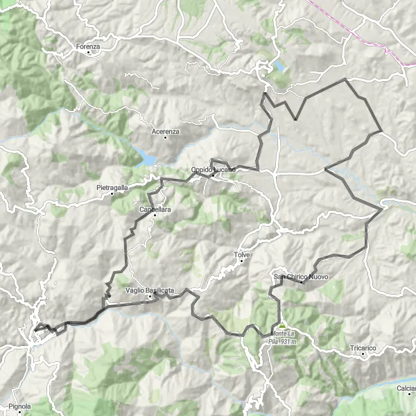 Map miniature of "Challenging Road Cycling Loop near Potenza" cycling inspiration in Basilicata, Italy. Generated by Tarmacs.app cycling route planner