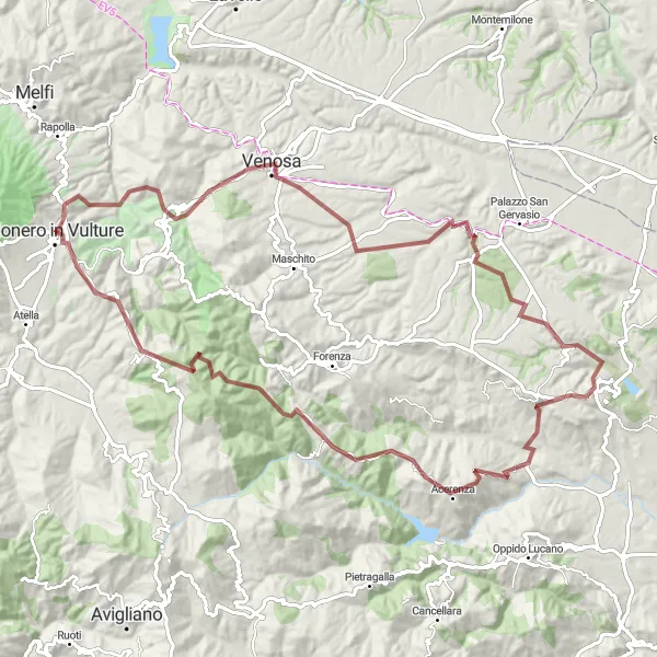 Miniatura della mappa di ispirazione al ciclismo "Tour Panoramico in Gravel nei dintorni di Rionero in Vulture" nella regione di Basilicata, Italy. Generata da Tarmacs.app, pianificatore di rotte ciclistiche