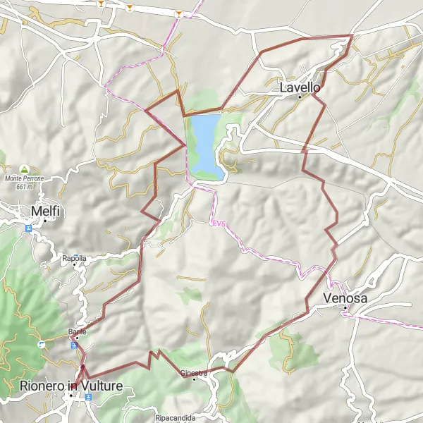Miniatura della mappa di ispirazione al ciclismo "Giro Gravel Barile - Rionero in Vulture" nella regione di Basilicata, Italy. Generata da Tarmacs.app, pianificatore di rotte ciclistiche