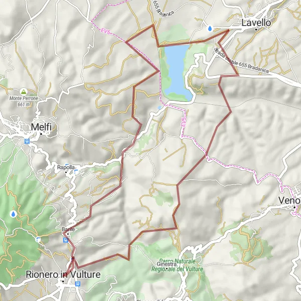 Miniatura della mappa di ispirazione al ciclismo "Giro nei Vigneti del Vulture" nella regione di Basilicata, Italy. Generata da Tarmacs.app, pianificatore di rotte ciclistiche