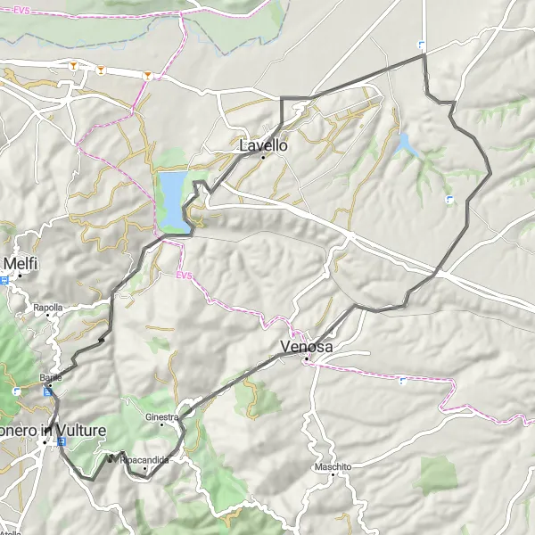 Miniatura della mappa di ispirazione al ciclismo "Giro in bicicletta da Rionero in Vulture a Venosa" nella regione di Basilicata, Italy. Generata da Tarmacs.app, pianificatore di rotte ciclistiche