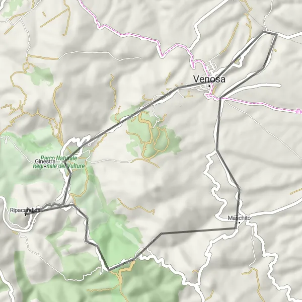 Miniatura della mappa di ispirazione al ciclismo "Il Giro delle Città Antiche" nella regione di Basilicata, Italy. Generata da Tarmacs.app, pianificatore di rotte ciclistiche