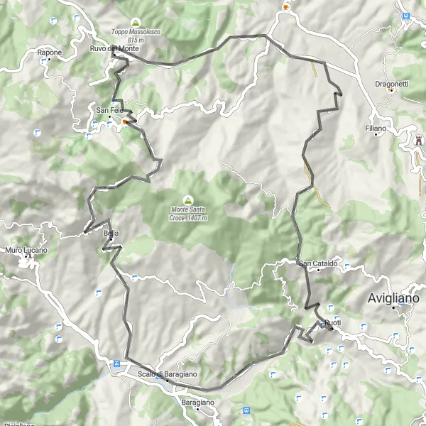 Map miniature of "The Monticello Loop" cycling inspiration in Basilicata, Italy. Generated by Tarmacs.app cycling route planner