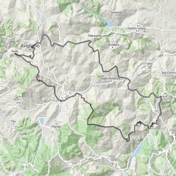 Map miniature of "The Lucanian Epic" cycling inspiration in Basilicata, Italy. Generated by Tarmacs.app cycling route planner