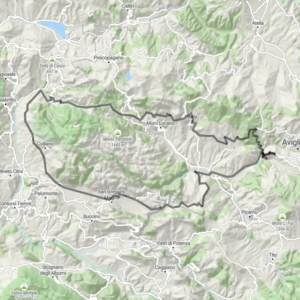 Map miniature of "Ruoti to Laviano" cycling inspiration in Basilicata, Italy. Generated by Tarmacs.app cycling route planner