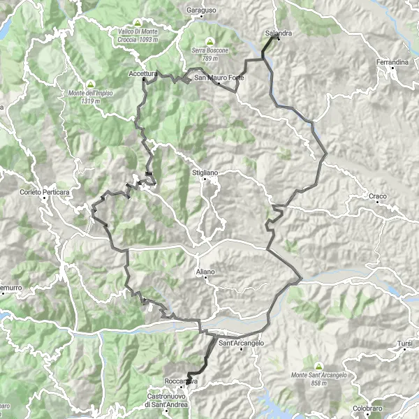 Map miniature of "The Gallicchio and Monte Cortaglia Adventure" cycling inspiration in Basilicata, Italy. Generated by Tarmacs.app cycling route planner