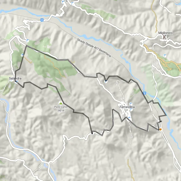 Miniatura della mappa di ispirazione al ciclismo "Giro in bicicletta da Salandra a Pizzo Corvo" nella regione di Basilicata, Italy. Generata da Tarmacs.app, pianificatore di rotte ciclistiche