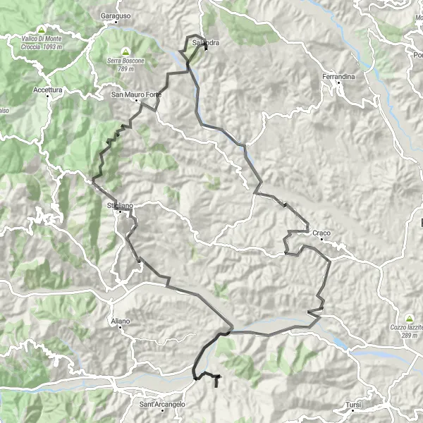 Map miniature of "The Serra Caruso and La Grancia Loop" cycling inspiration in Basilicata, Italy. Generated by Tarmacs.app cycling route planner