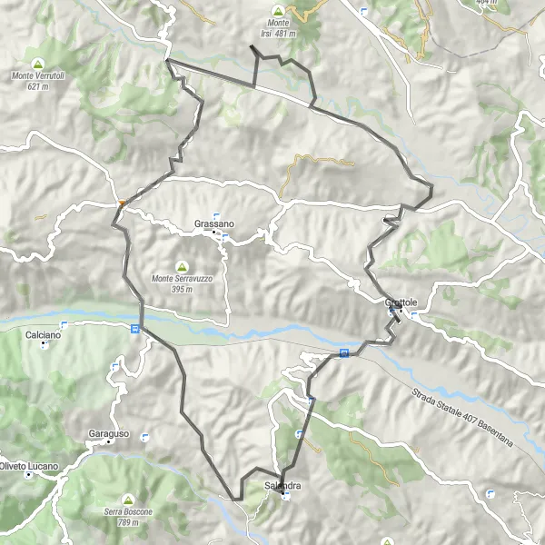 Miniatura della mappa di ispirazione al ciclismo "Giro tra Colline e Borghi" nella regione di Basilicata, Italy. Generata da Tarmacs.app, pianificatore di rotte ciclistiche