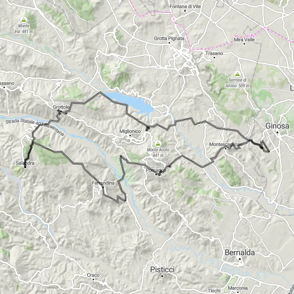 Map miniature of "Grottole Loop" cycling inspiration in Basilicata, Italy. Generated by Tarmacs.app cycling route planner