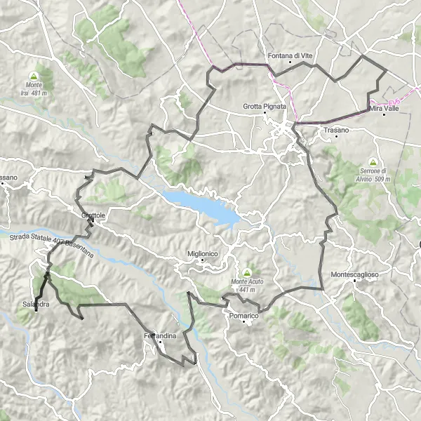 Miniatura della mappa di ispirazione al ciclismo "Itinerario Ciclistico tra Salandra e Ferrandina" nella regione di Basilicata, Italy. Generata da Tarmacs.app, pianificatore di rotte ciclistiche