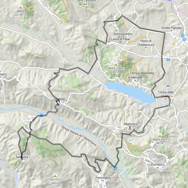 Miniatura della mappa di ispirazione al ciclismo "La Strada dei Monti di Matera" nella regione di Basilicata, Italy. Generata da Tarmacs.app, pianificatore di rotte ciclistiche