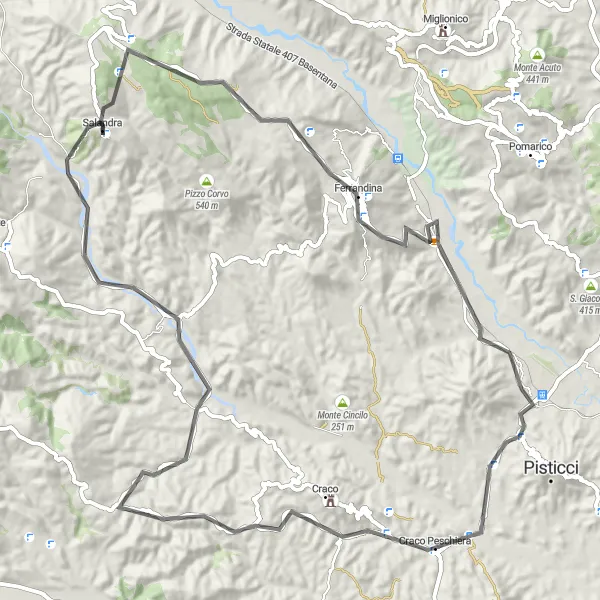 Map miniature of "The Scenic Escape" cycling inspiration in Basilicata, Italy. Generated by Tarmacs.app cycling route planner