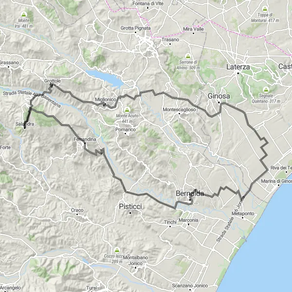 Map miniature of "The Grand Tour of Basilicata" cycling inspiration in Basilicata, Italy. Generated by Tarmacs.app cycling route planner