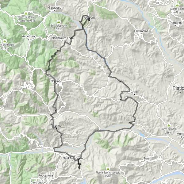 Map miniature of "The Mountainous Loop" cycling inspiration in Basilicata, Italy. Generated by Tarmacs.app cycling route planner