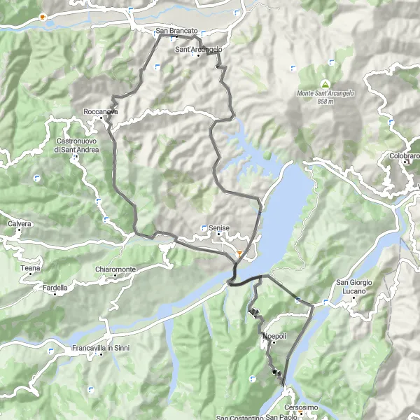 Map miniature of "The Noepoli Adventure" cycling inspiration in Basilicata, Italy. Generated by Tarmacs.app cycling route planner