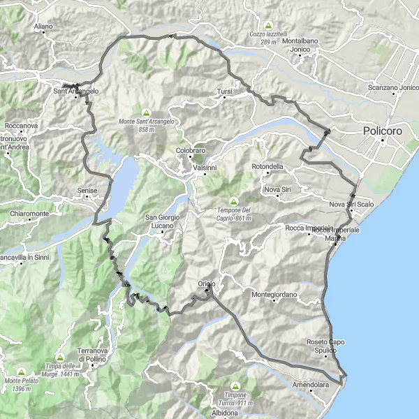 Miniatura della mappa di ispirazione al ciclismo "Giro ciclistico Basilicata" nella regione di Basilicata, Italy. Generata da Tarmacs.app, pianificatore di rotte ciclistiche