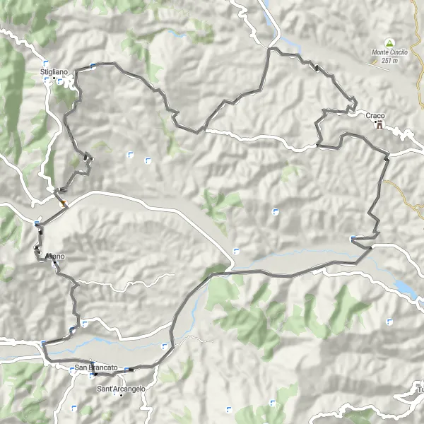 Map miniature of "The Aliano Adventure" cycling inspiration in Basilicata, Italy. Generated by Tarmacs.app cycling route planner