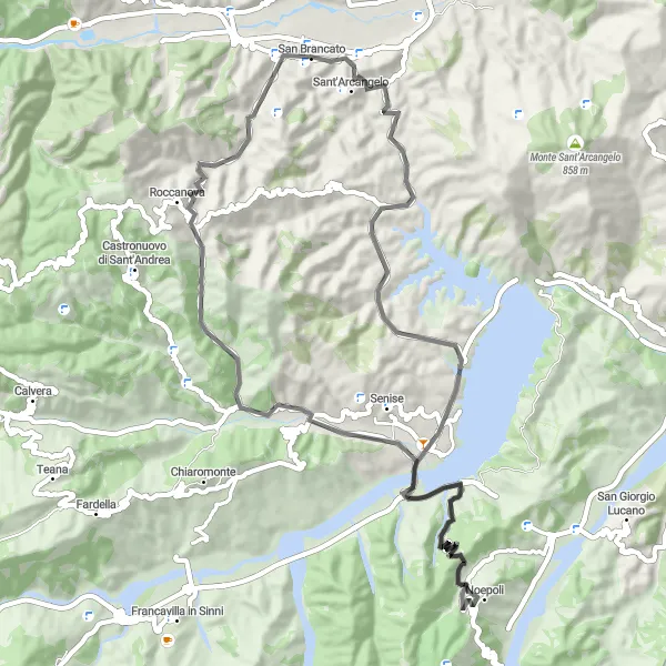 Map miniature of "The Roccanova Loop" cycling inspiration in Basilicata, Italy. Generated by Tarmacs.app cycling route planner