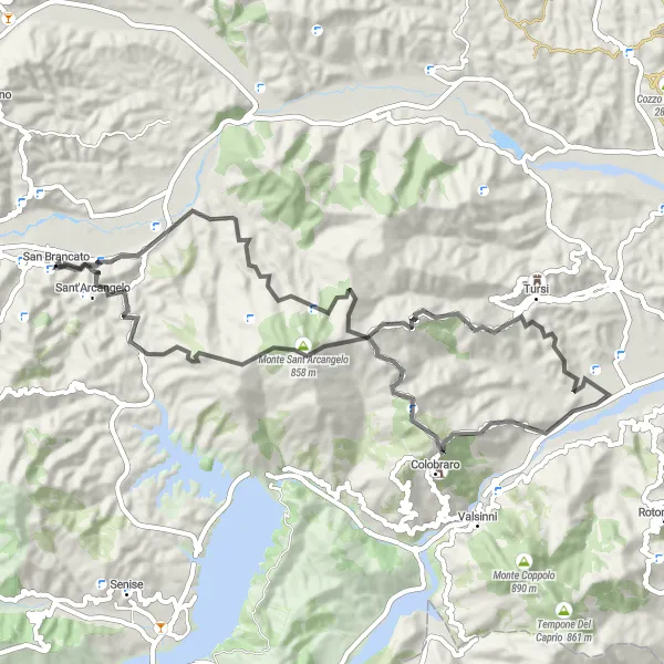 Map miniature of "The Tursi Loop" cycling inspiration in Basilicata, Italy. Generated by Tarmacs.app cycling route planner