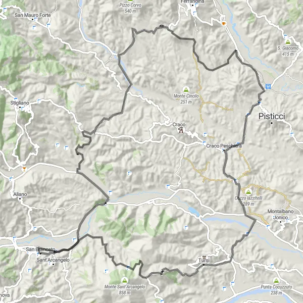 Map miniature of "The Craco Peschiera Challenge" cycling inspiration in Basilicata, Italy. Generated by Tarmacs.app cycling route planner