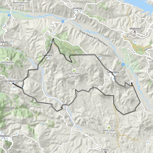 Map miniature of "Salandra Loop" cycling inspiration in Basilicata, Italy. Generated by Tarmacs.app cycling route planner