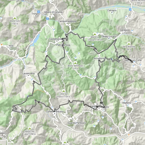 Miniatura della mappa di ispirazione al ciclismo "Giro in bici da San Mauro Forte attraverso Monte Cortaglia e Pietrapertosa" nella regione di Basilicata, Italy. Generata da Tarmacs.app, pianificatore di rotte ciclistiche