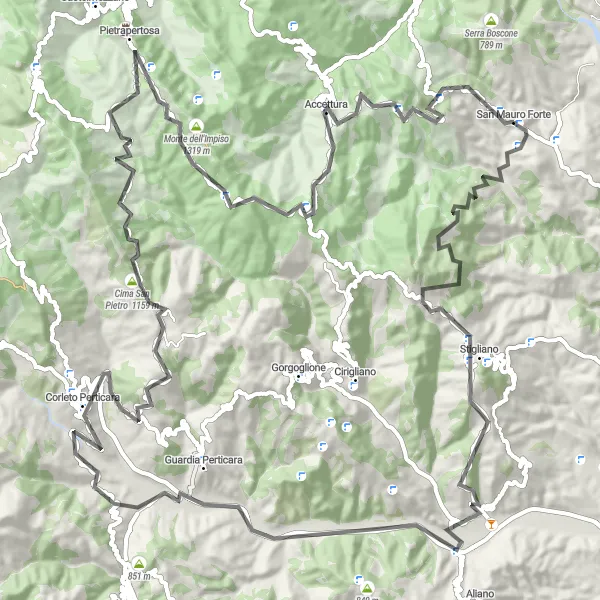 Map miniature of "San Mauro Forte Road Cycling Route" cycling inspiration in Basilicata, Italy. Generated by Tarmacs.app cycling route planner