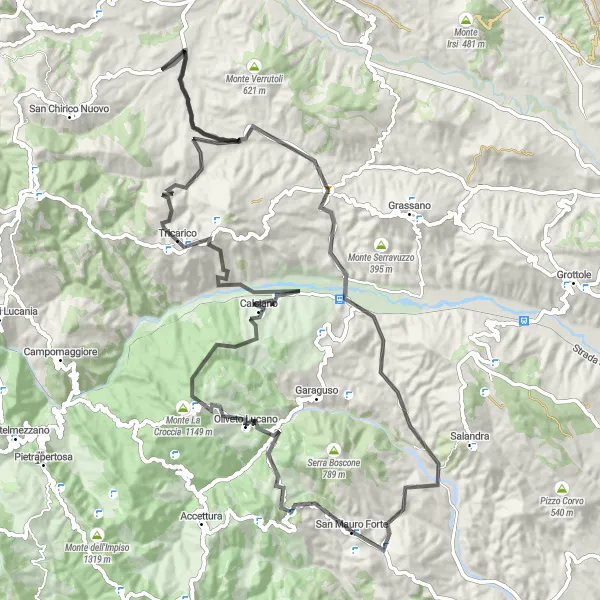 Map miniature of "Oliveto Lucano Loop" cycling inspiration in Basilicata, Italy. Generated by Tarmacs.app cycling route planner