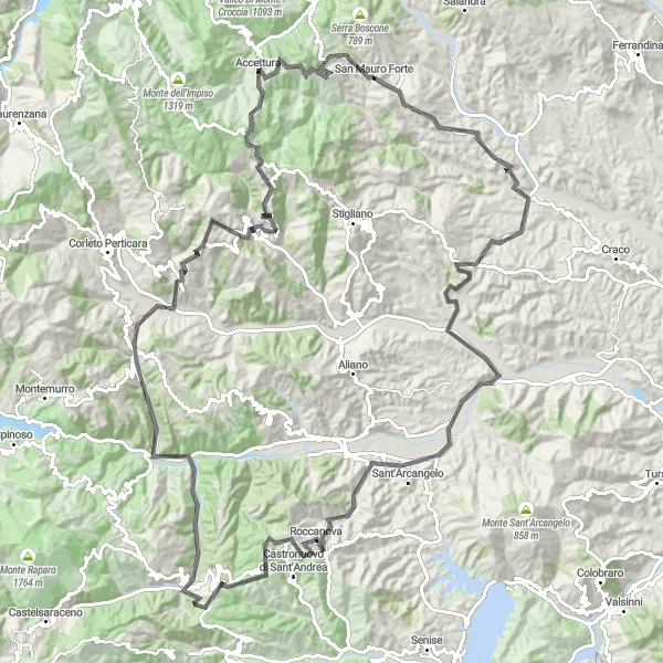 Miniatura della mappa di ispirazione al ciclismo "L'Epica del Monte Cortaglia" nella regione di Basilicata, Italy. Generata da Tarmacs.app, pianificatore di rotte ciclistiche