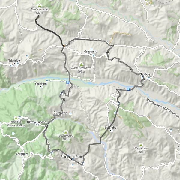 Map miniature of "San Mauro Forte Circuit" cycling inspiration in Basilicata, Italy. Generated by Tarmacs.app cycling route planner