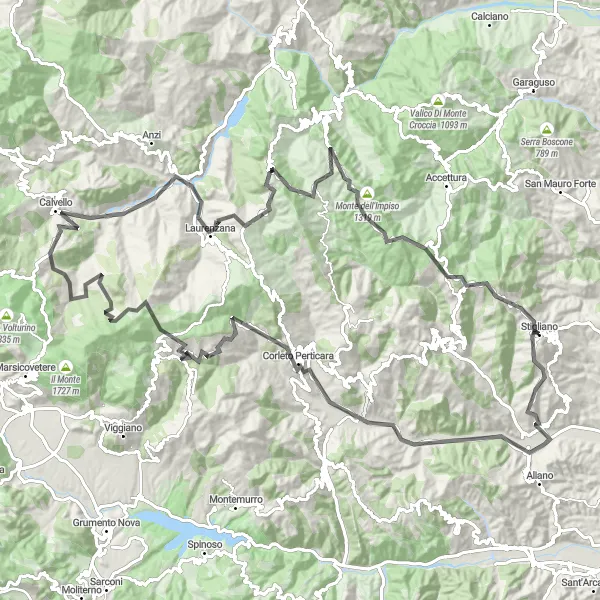 Miniatura della mappa di ispirazione al ciclismo "Tour ciclistico tra Stigliano e Pietrapertosa" nella regione di Basilicata, Italy. Generata da Tarmacs.app, pianificatore di rotte ciclistiche
