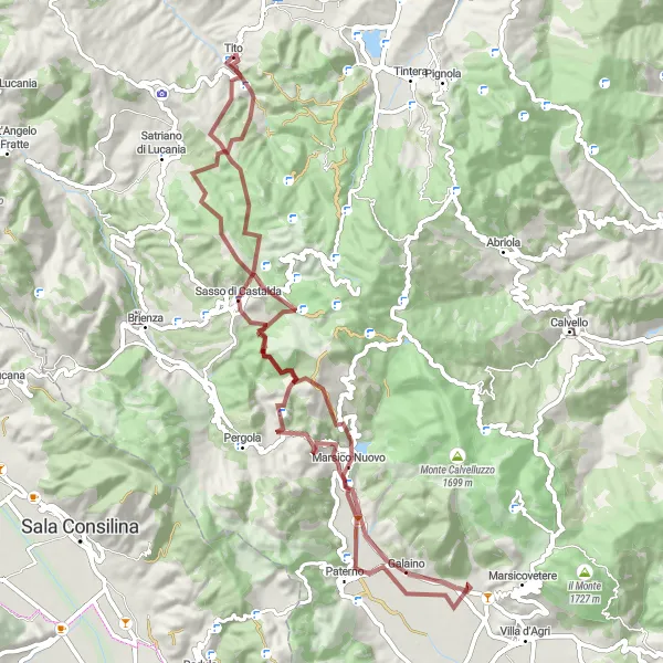 Miniatura della mappa di ispirazione al ciclismo "Avventura off-road tra Sasso di Castalda e il Castello di Marsico Nuovo" nella regione di Basilicata, Italy. Generata da Tarmacs.app, pianificatore di rotte ciclistiche