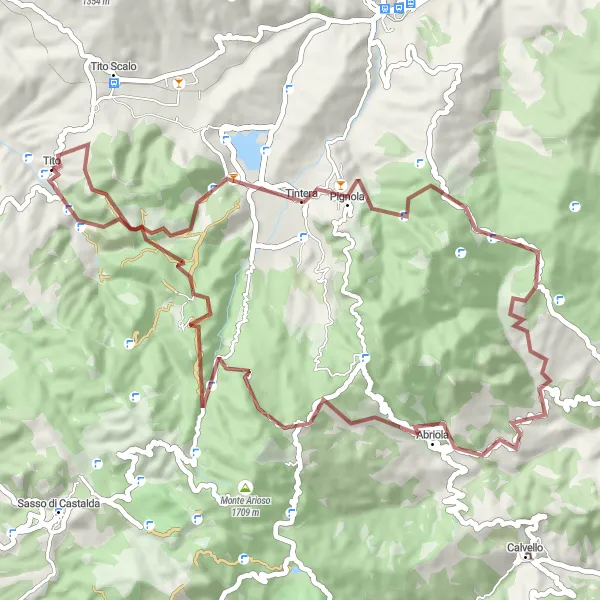 Miniatura della mappa di ispirazione al ciclismo "Giro in Gravel da Pignola al Castello di Abriola" nella regione di Basilicata, Italy. Generata da Tarmacs.app, pianificatore di rotte ciclistiche