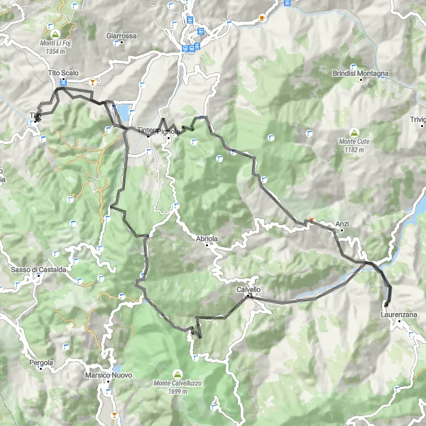 Miniatura della mappa di ispirazione al ciclismo "Giro in Bicicletta da Tito" nella regione di Basilicata, Italy. Generata da Tarmacs.app, pianificatore di rotte ciclistiche