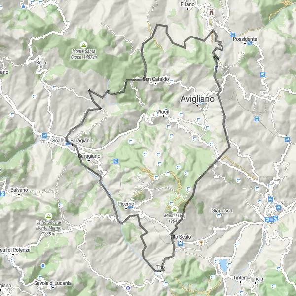 Map miniature of "Basilicata Road Cycling Route: Tito to Picerno" cycling inspiration in Basilicata, Italy. Generated by Tarmacs.app cycling route planner