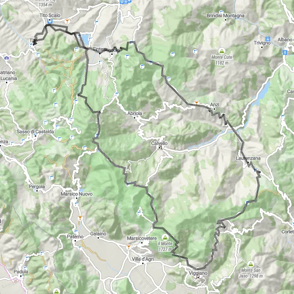 Miniatura della mappa di ispirazione al ciclismo "Giro Stradale tra Montagne e Borghi Lucani" nella regione di Basilicata, Italy. Generata da Tarmacs.app, pianificatore di rotte ciclistiche