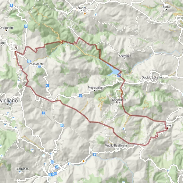 Map miniature of "Tolve - Monte Carmine Gravel Adventure" cycling inspiration in Basilicata, Italy. Generated by Tarmacs.app cycling route planner