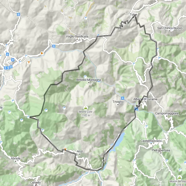 Map miniature of "Mountains and Villages" cycling inspiration in Basilicata, Italy. Generated by Tarmacs.app cycling route planner