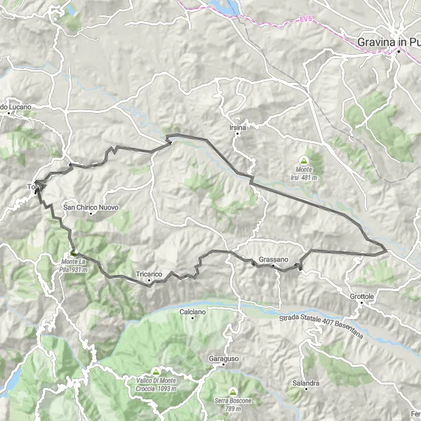 Miniatura della mappa di ispirazione al ciclismo "Tour delle Colline Lucane" nella regione di Basilicata, Italy. Generata da Tarmacs.app, pianificatore di rotte ciclistiche