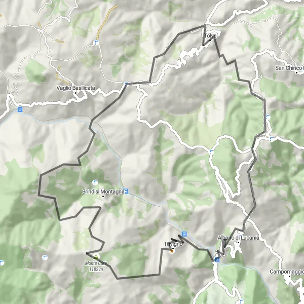 Miniatura della mappa di ispirazione al ciclismo "Giro panoramico da Trivigno a Brindisi Montagna" nella regione di Basilicata, Italy. Generata da Tarmacs.app, pianificatore di rotte ciclistiche