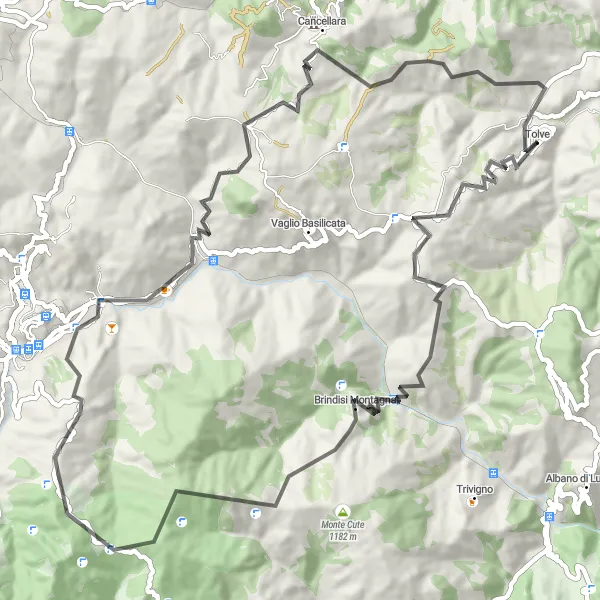 Map miniature of "Tolve - Brindisi Montagna Loop" cycling inspiration in Basilicata, Italy. Generated by Tarmacs.app cycling route planner